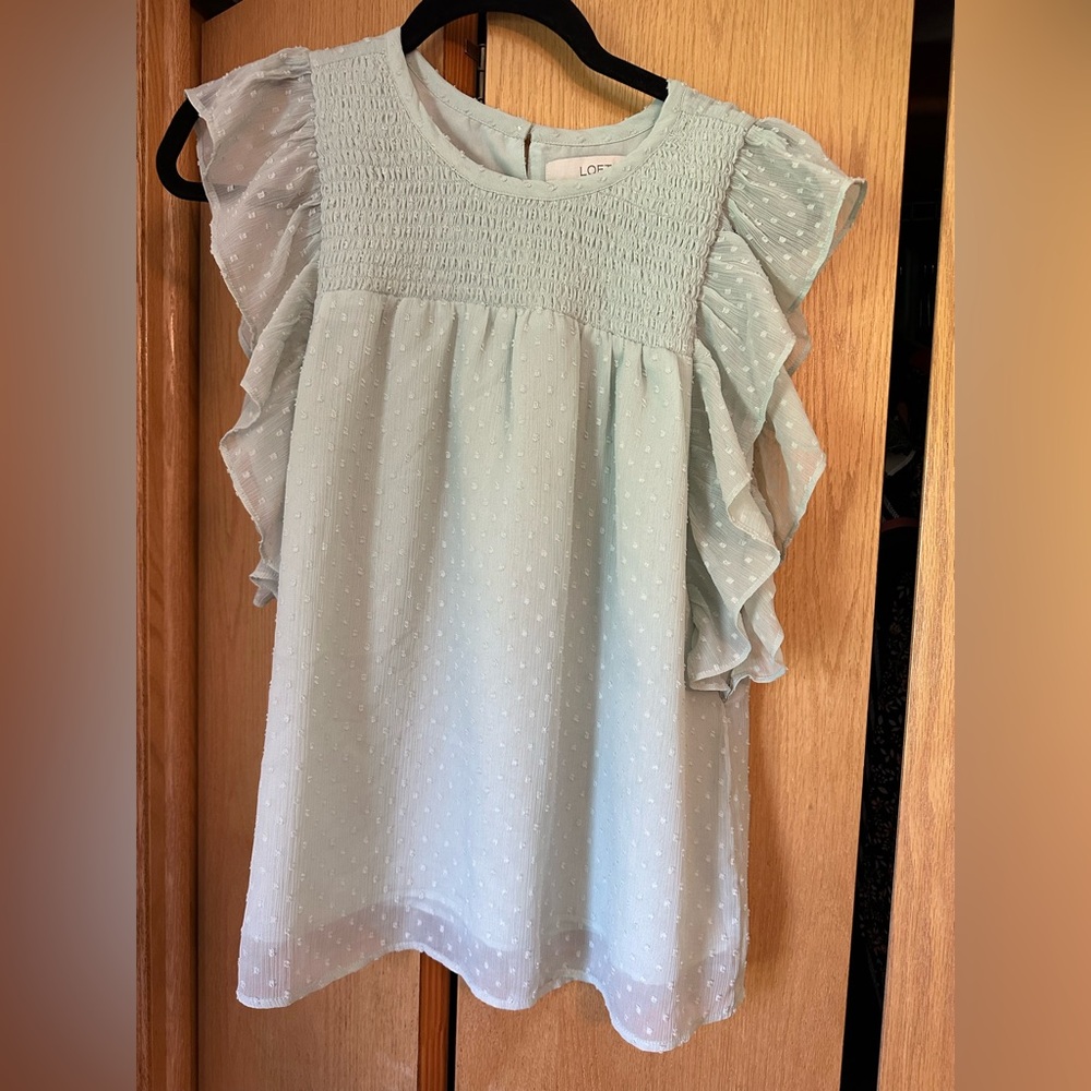 LOFT Light Green Ruffle Blouse
